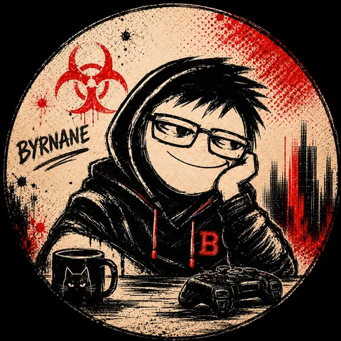 Аватарка Byrnane — рисованный персонаж в очках с кружкой и геймпадом