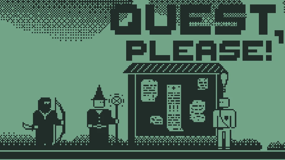 Обложка Quest, please!: герои стоят у доски с заданиями